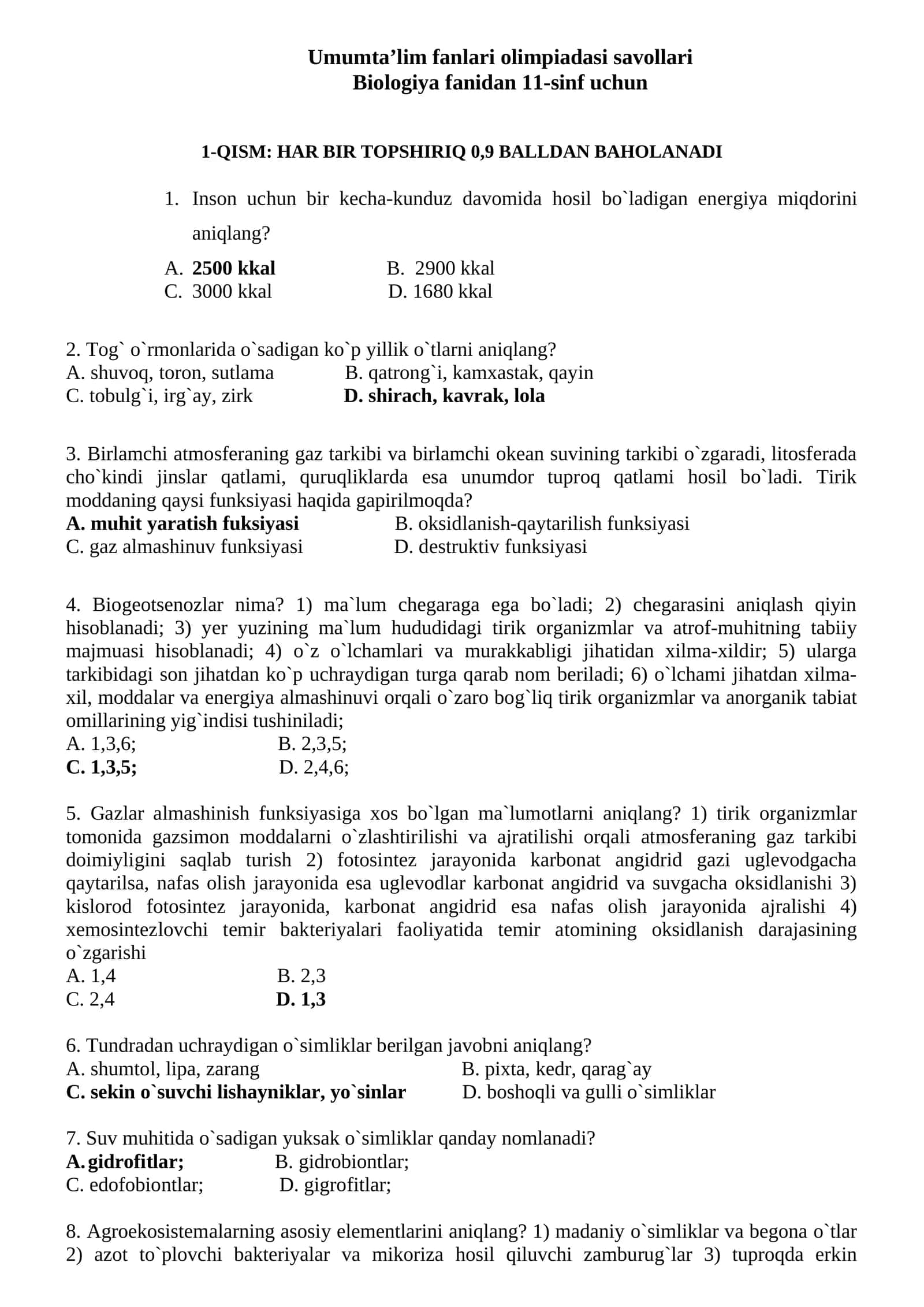 Umumta’lim fanlari olimpiadasi savollari
