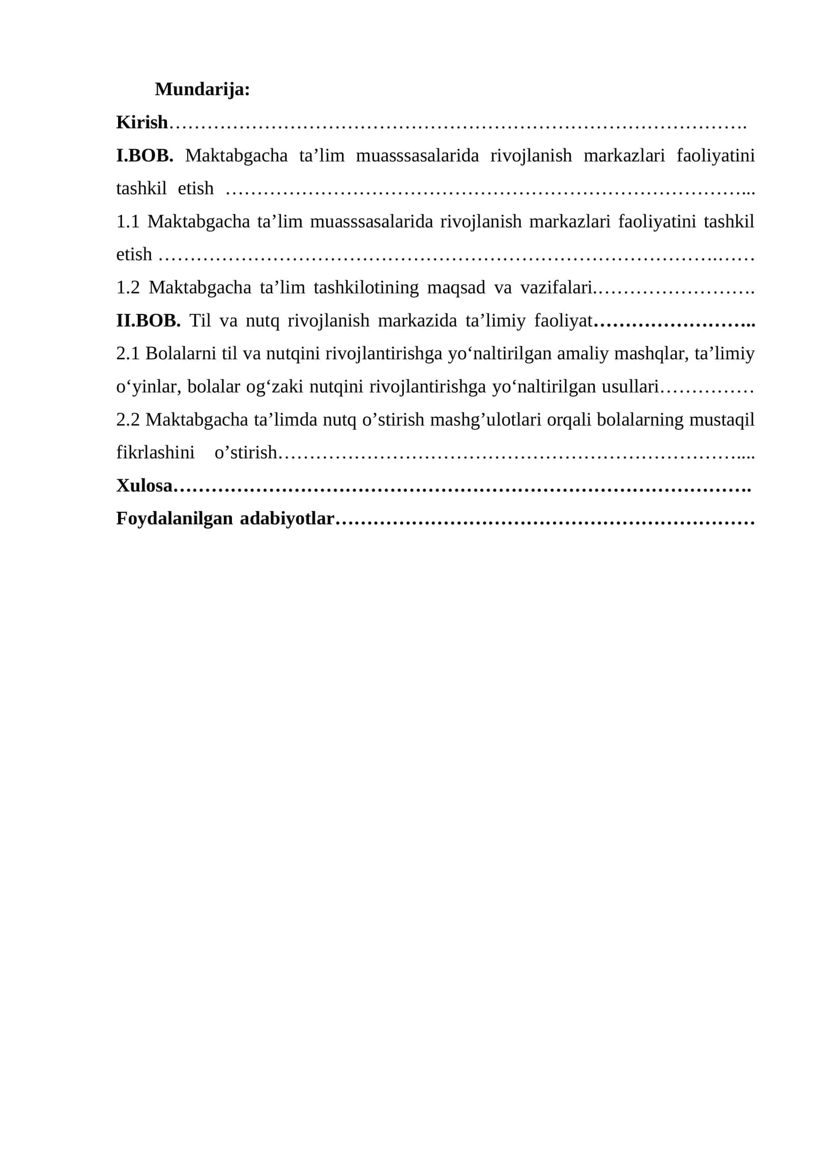 Maktabgacha ta'lim muasssasalarida rivojlanish markazlari faoliyatini tashkil etish