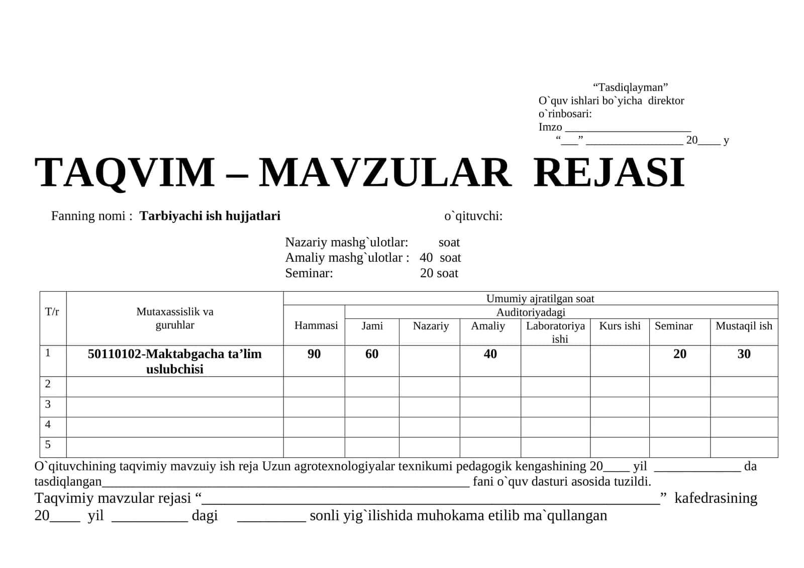 2026 TARBIYACHI ISH HUJJATLARI TAQVIM REJA