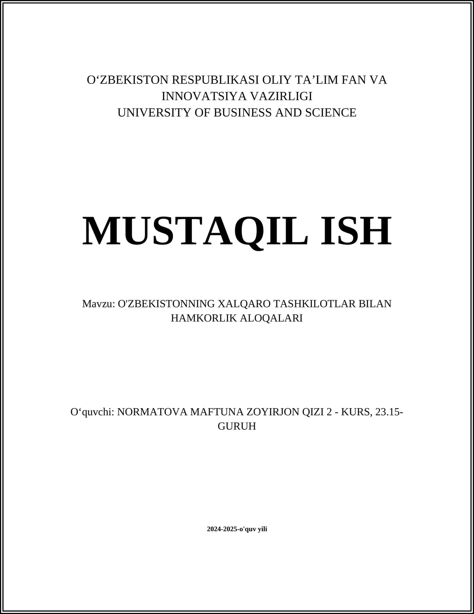 O'ZBEKISTONNING XALQARO TASHKILOTLAR BILAN HAMKORLIK ALOQALARI