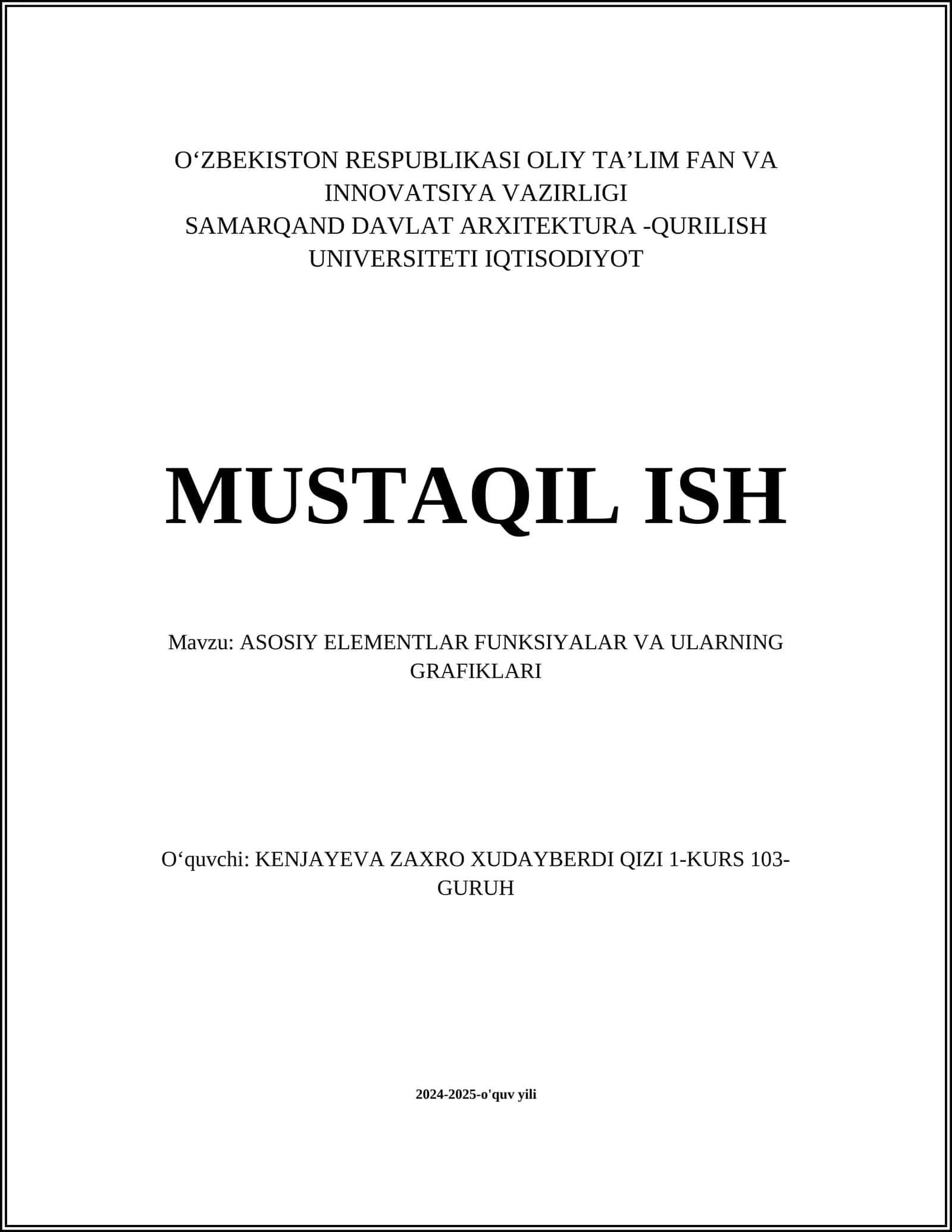 ASOSIY ELEMENTLAR FUNKSIYALAR VA ULARNING GRAFIKLARI
