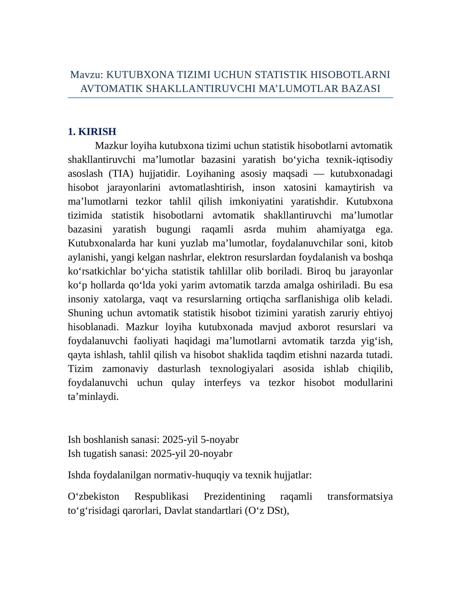 KUTUBXONA TIZIMI UCHUN STATISTIK HISOBOTLARNI AVTOMATIK SHAKLLANTIRUVCHI MA’LUMOTLAR BAZASI