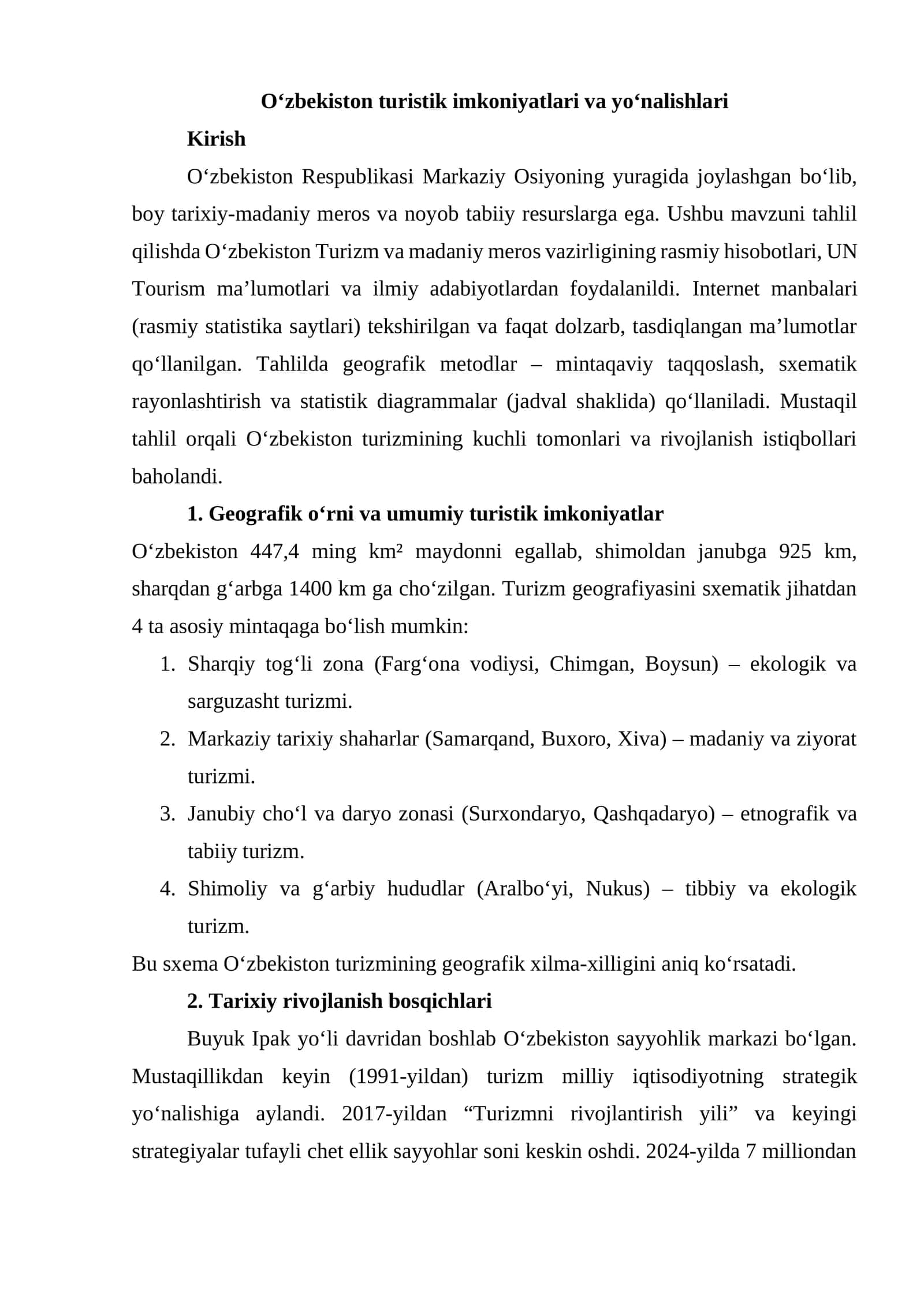 O‘zbekiston turistik imkoniyatlari va yo‘nalishlari