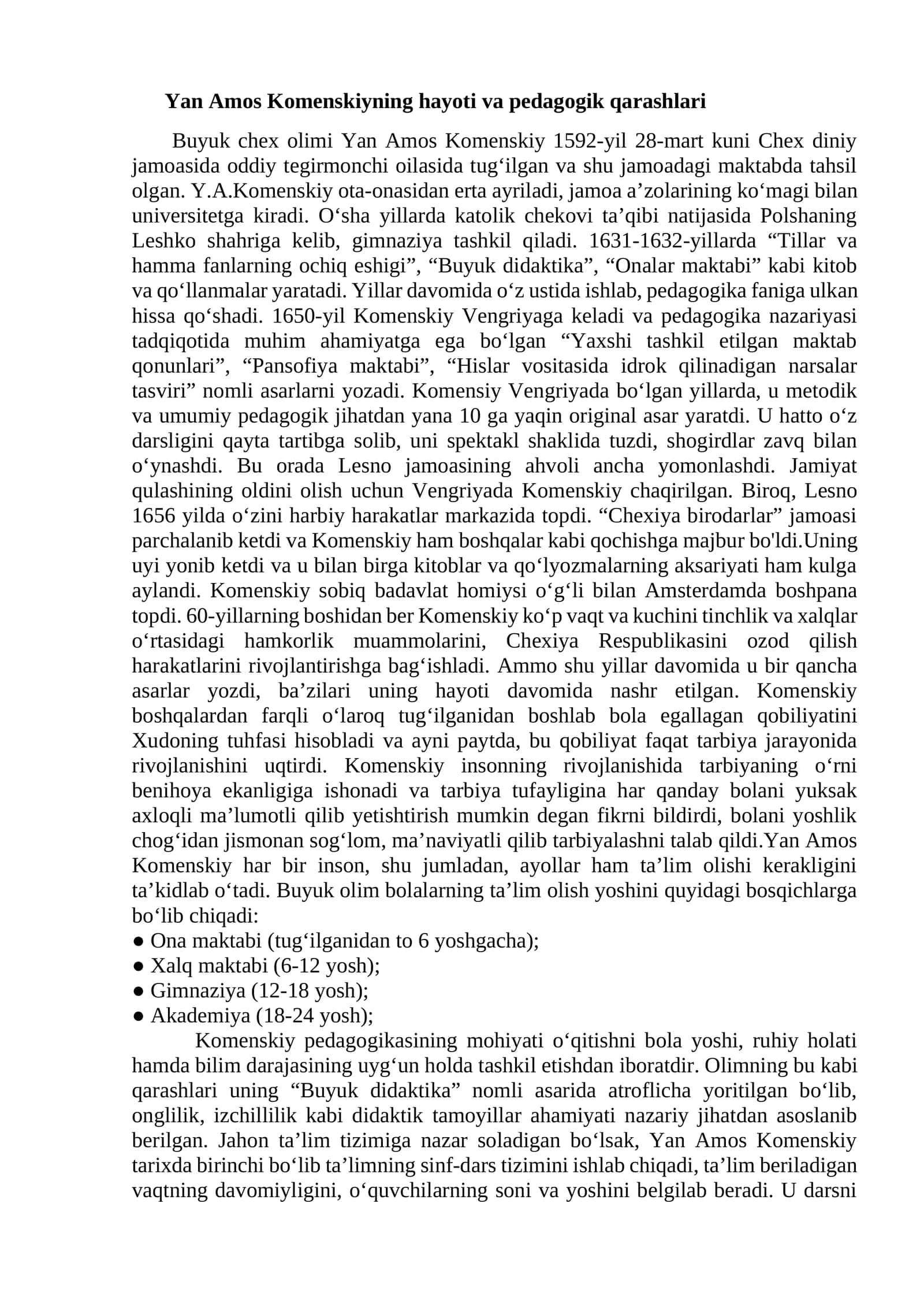 Yan Amos Komenskiyning hayoti va pedagogik qarashlari