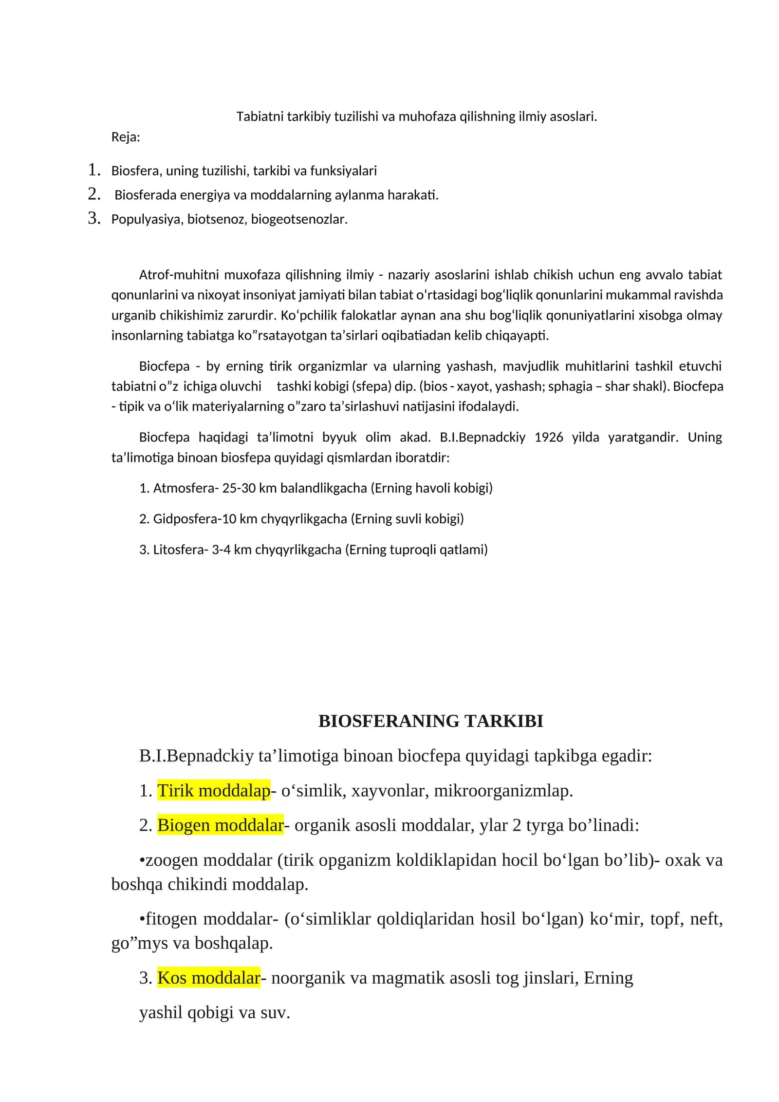 Tabiatni tarkibiy tuzilishi va muhofaza qilishning ilmiy asoslari