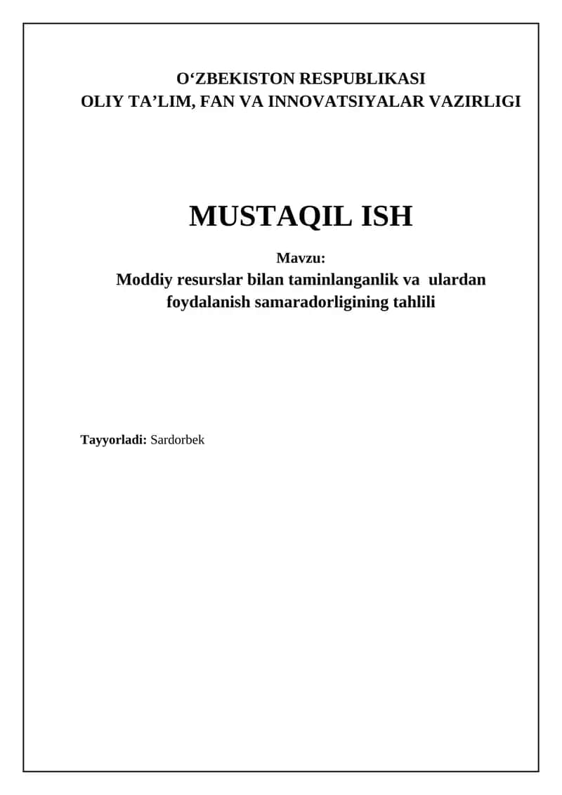 Moddiy resurslar bilan ta'minlanganlikni baholash