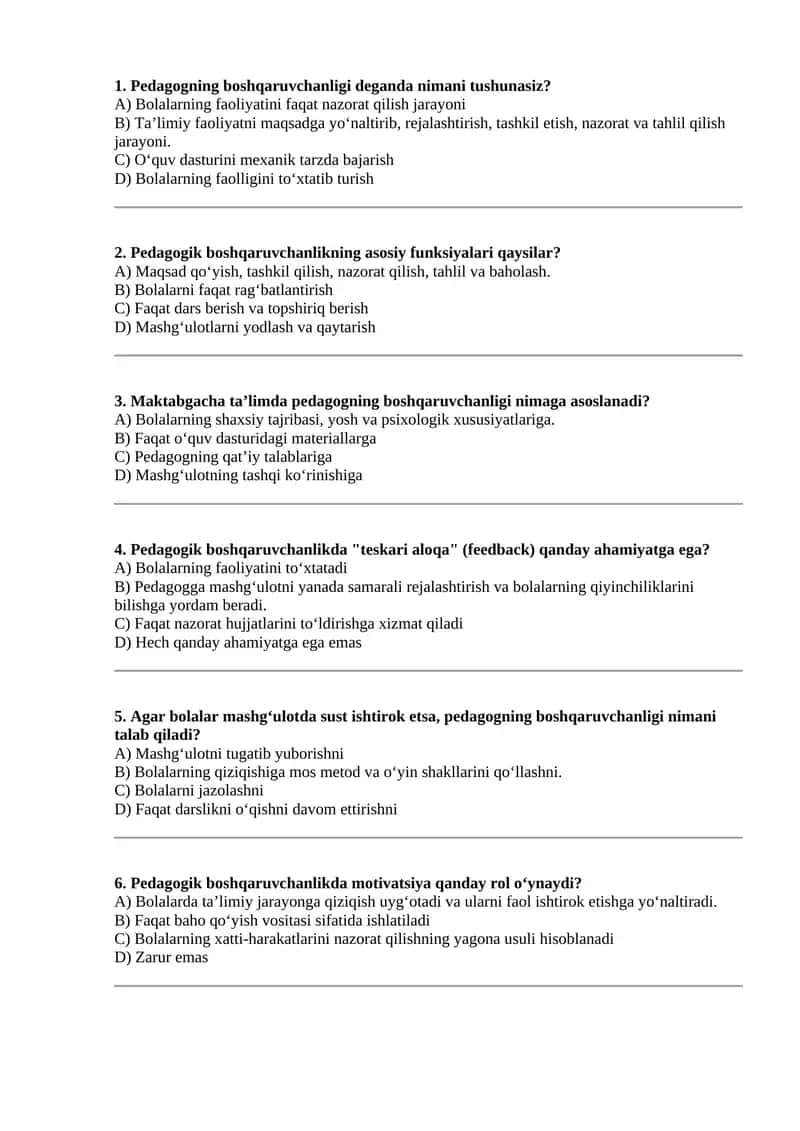 Pedagogning boshqaruvchanligi fanidan test