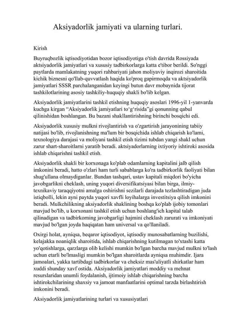 Aksiyadorlik jamiyati va ularning turlari