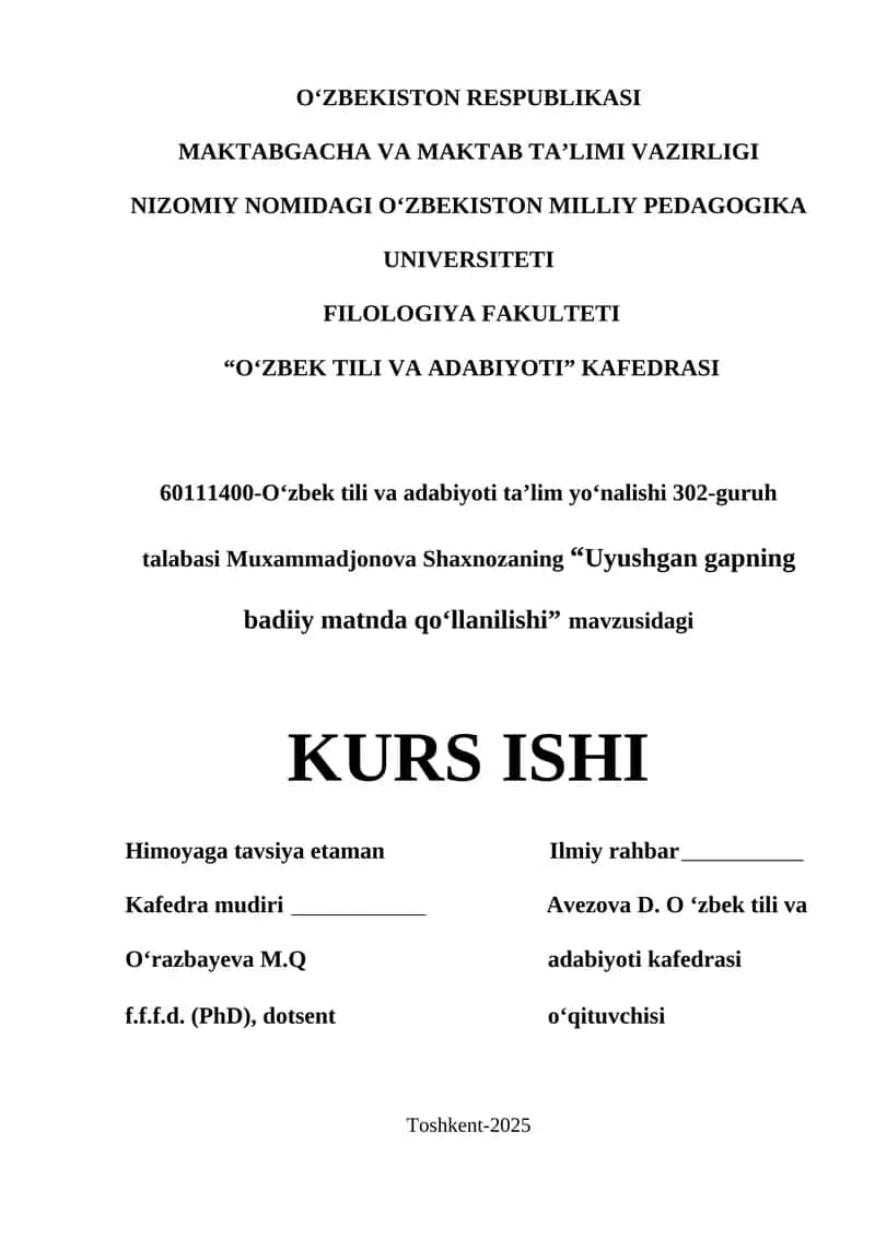 "Uyushgan gapning badiiy matnda qo'llanilishi" KURS ISHI