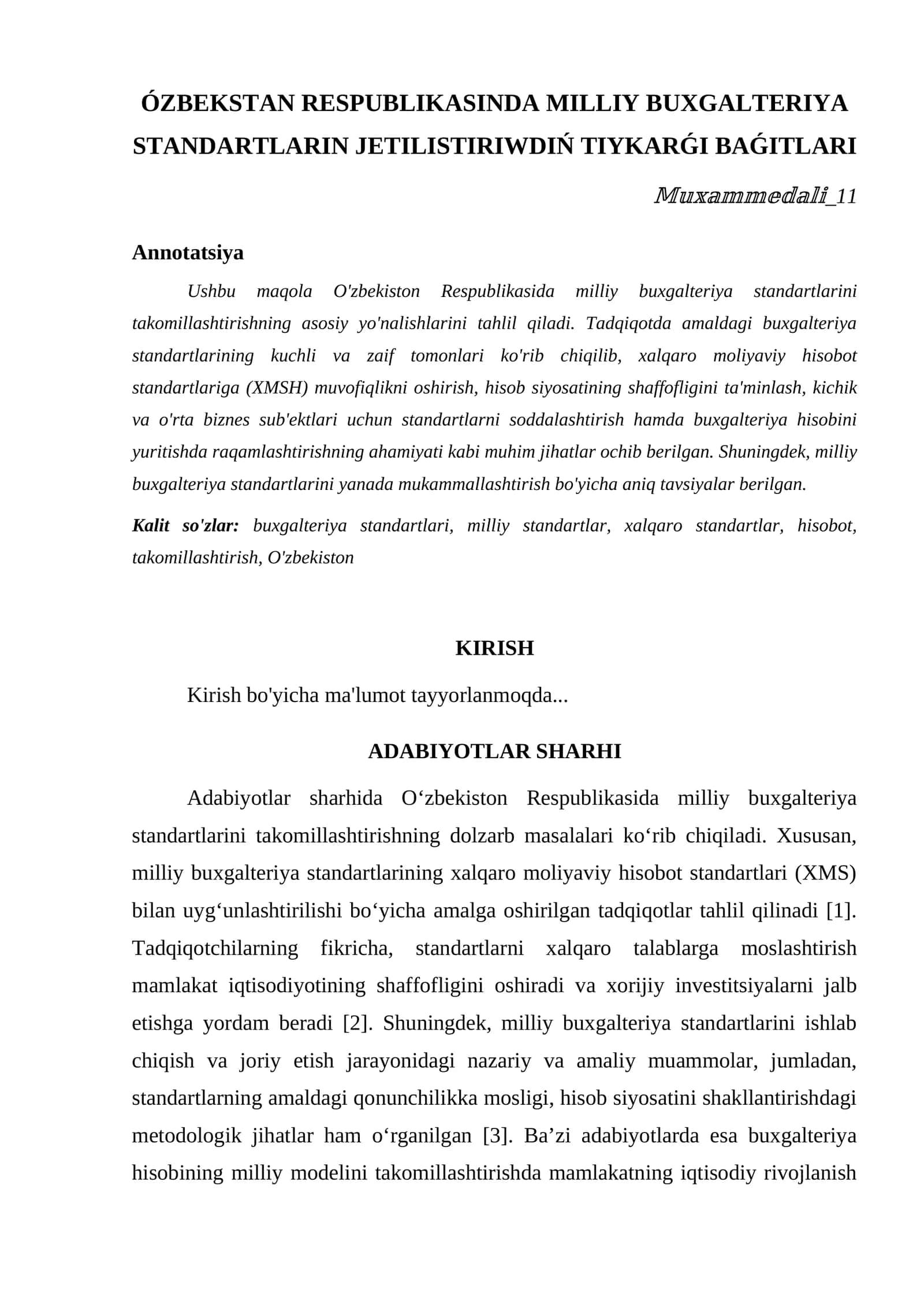 ÓZBEKSTAN RESPUBLIKASINDA MILLIY BUXGALTERIYA STANDARTLARIN JETILISTIRIWDIŃ TIYKARǴI BAǴITLARI
