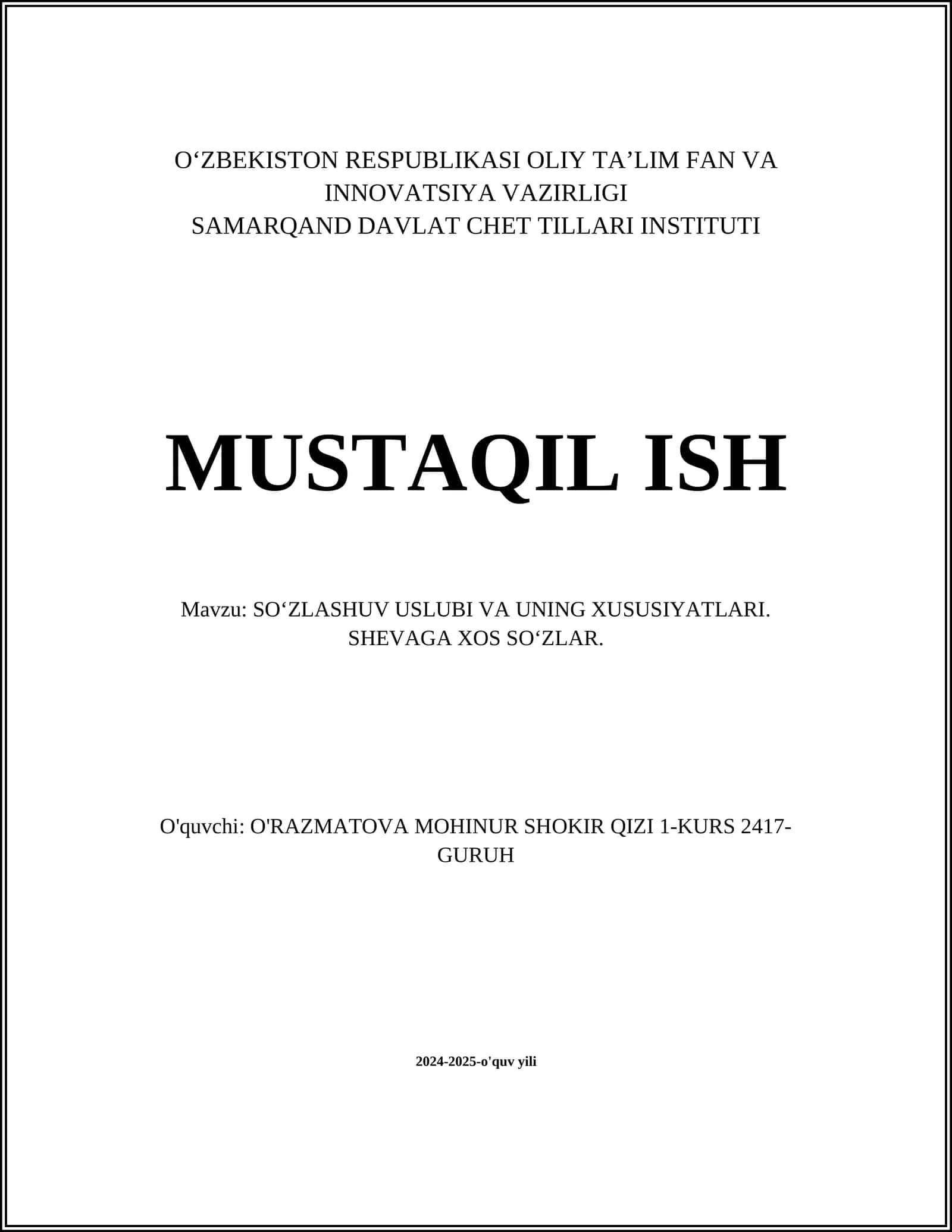 SO‘ZLASHUV USLUBI VA UNING XUSUSIYATLARI