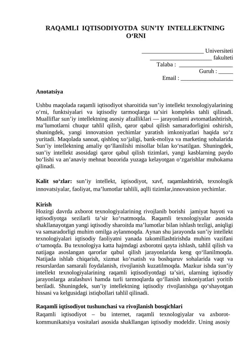 Raqamli iqtisodiyotda Sun’iy Intellektning O‘rni