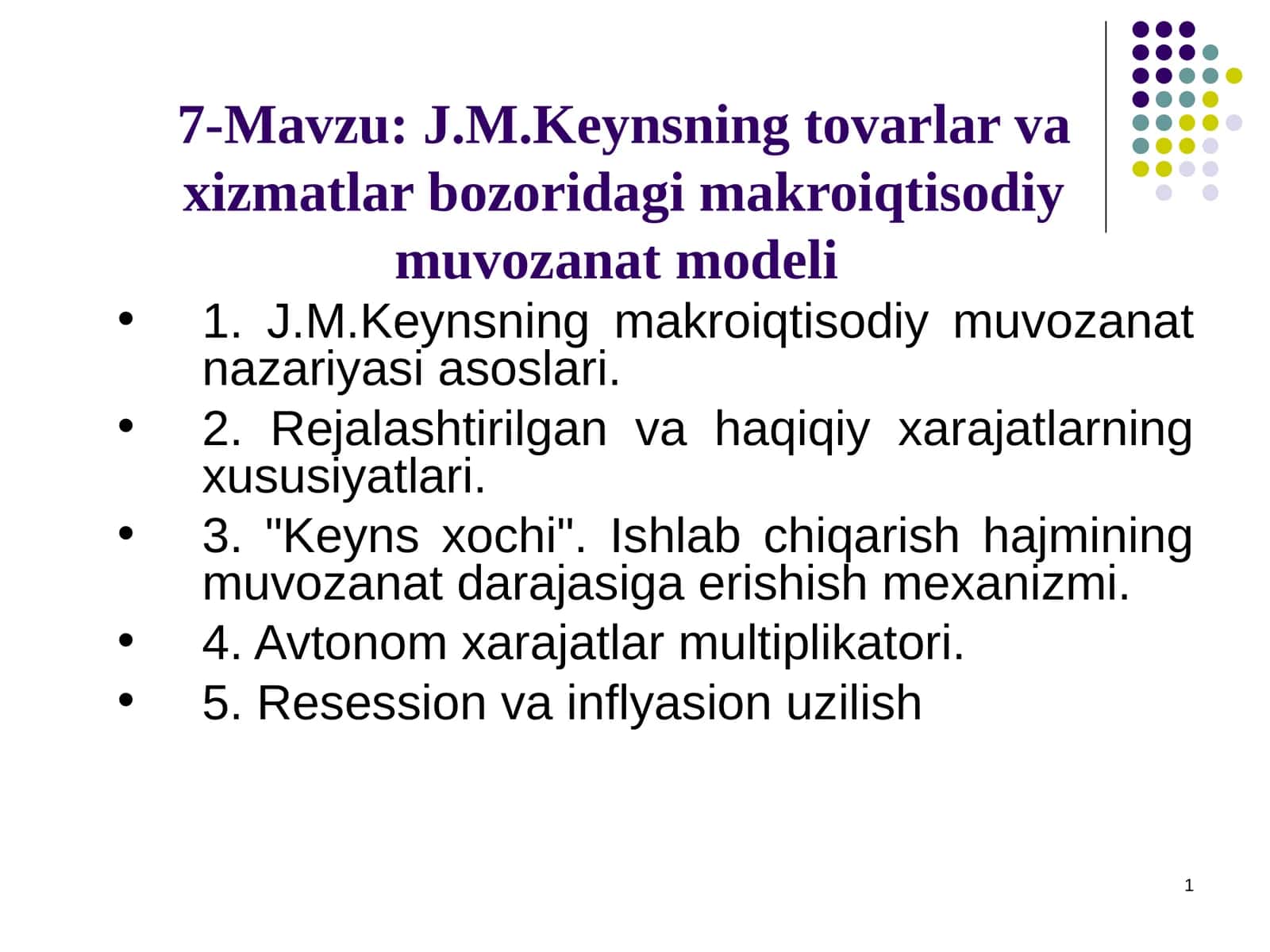 J.M.Keynsning tovarlar va xizmatlar bozoridagi makroiqtisodiymuvozanat modeli
