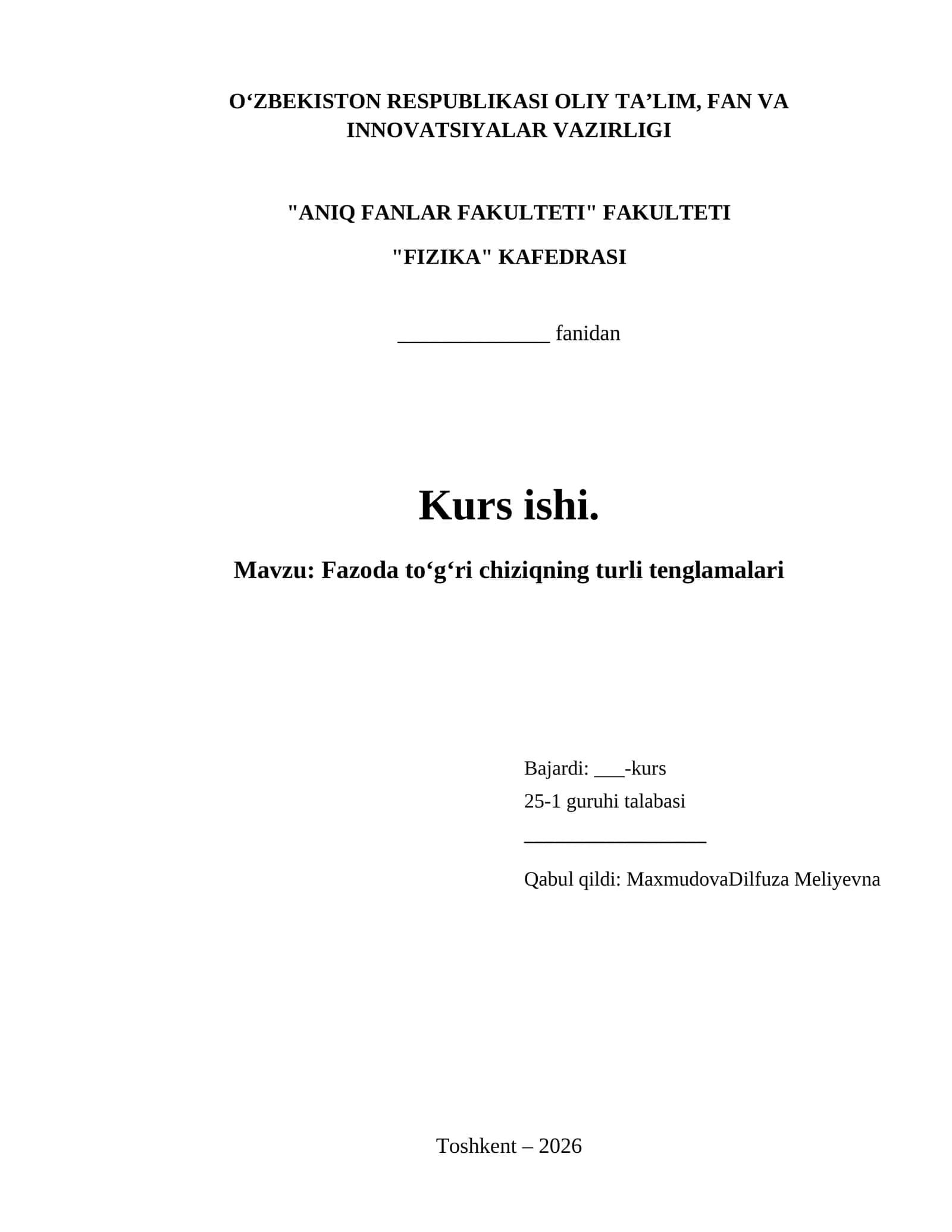 Fazoda to‘g‘ri chiziqning turli tenglamalari