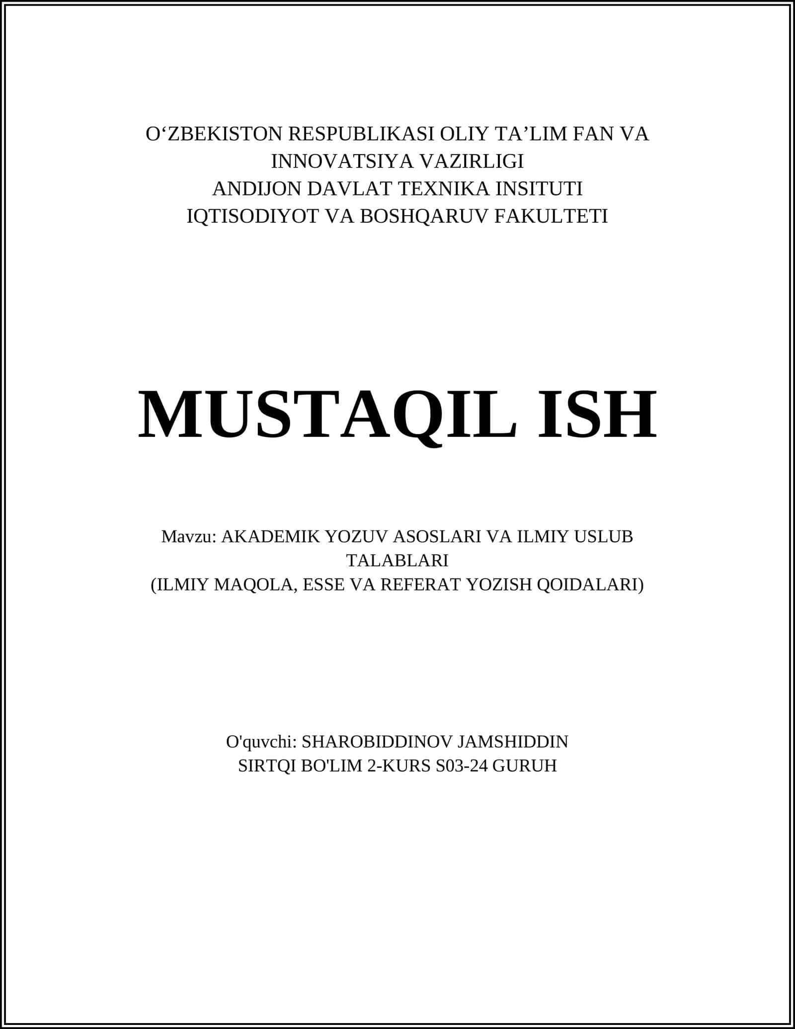 AKADEMIK YOZUV ASOSLARI VA ILMIY USLUB TALABLARI