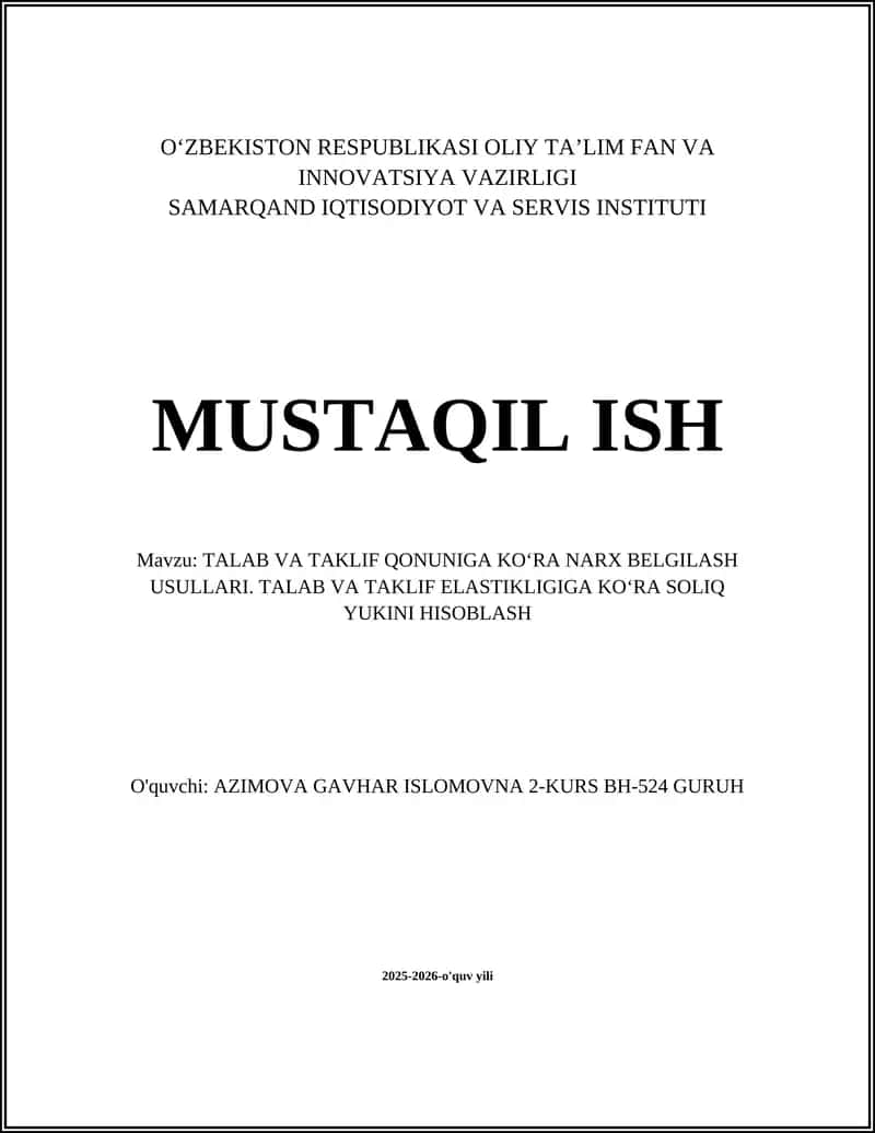 TALAB VA TAKLIF QONUNIGA KOʻRA NARX BELGILASH USULLARI