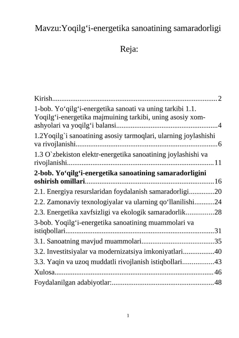 Yoqilg‘i-energetika sanoatining samaradorligi