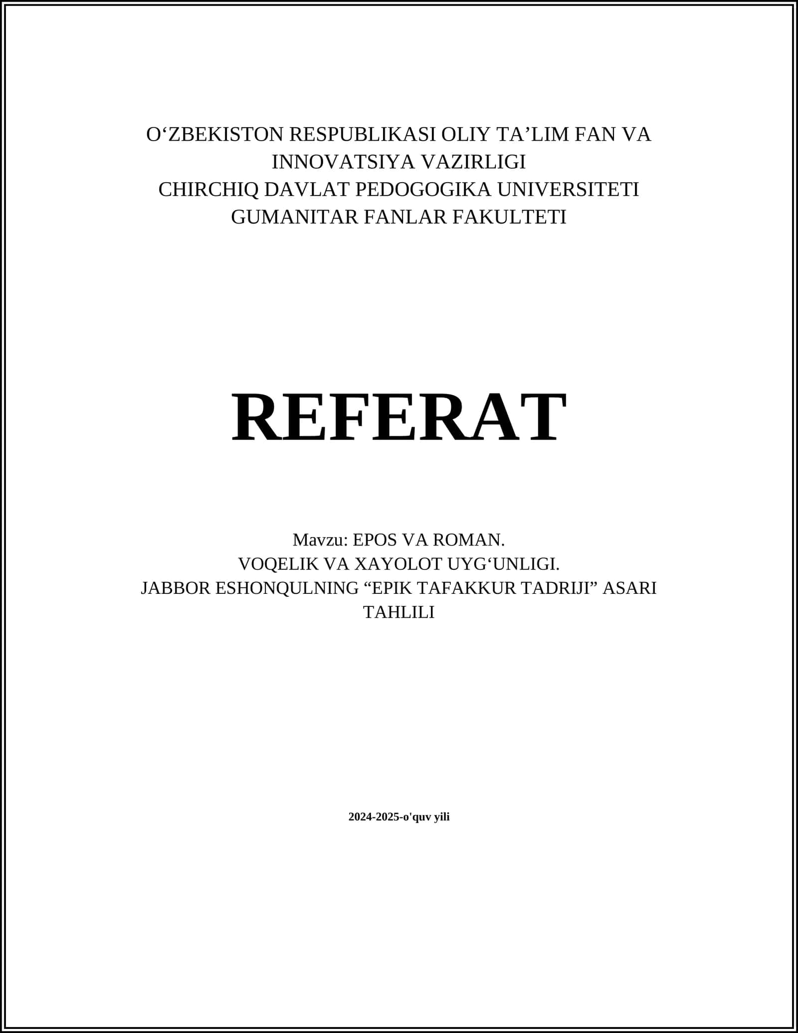 EPOS VA ROMAN: Janrlar Xususiyatlari