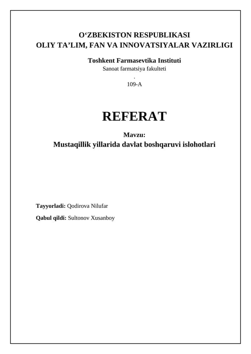 Mustaqillik yillarida davlat boshqaruvi islohotlari