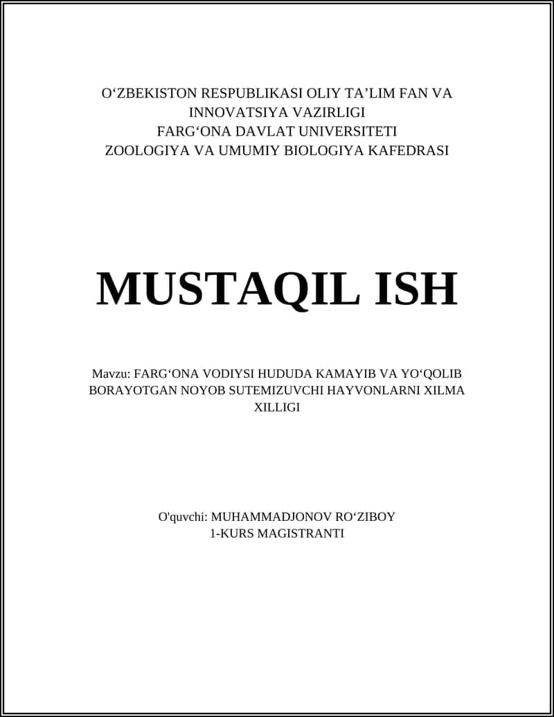 FARGʻONA VODIYSI HUDUDA KAMAYIB VA YOʻQOLIB BORAYOTGAN NOYOB SUTEMIZUVCHI HAYVONLARNI XILMA XILLIGI