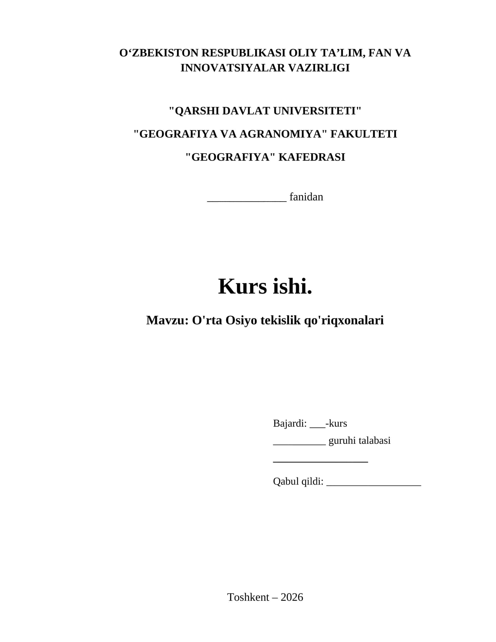 O'rta Osiyo tekislik qo'riqhonalari kurs ishi