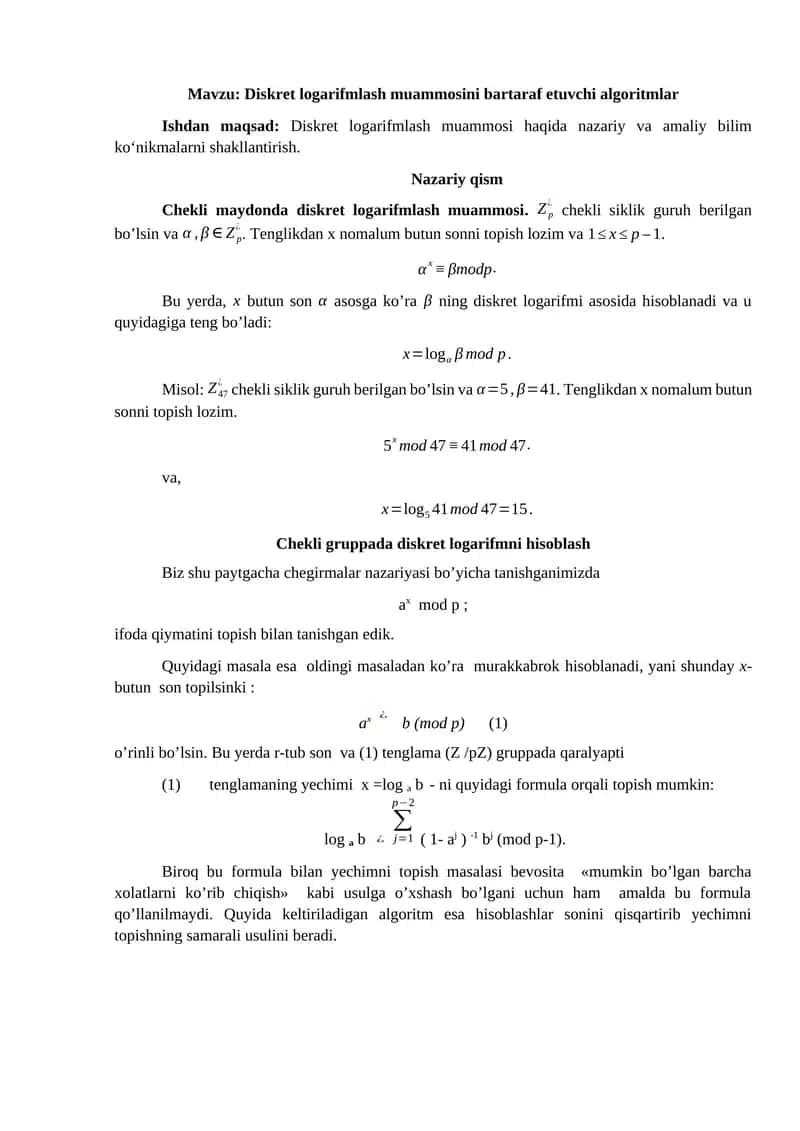 Diskret logarifmlash muammosini bartaraf etuvchi algoritmlar