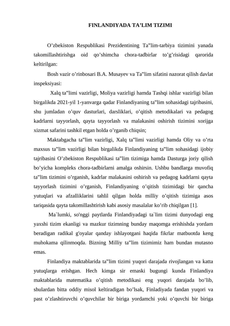 Finlandiyada Ta'lim Tizimi