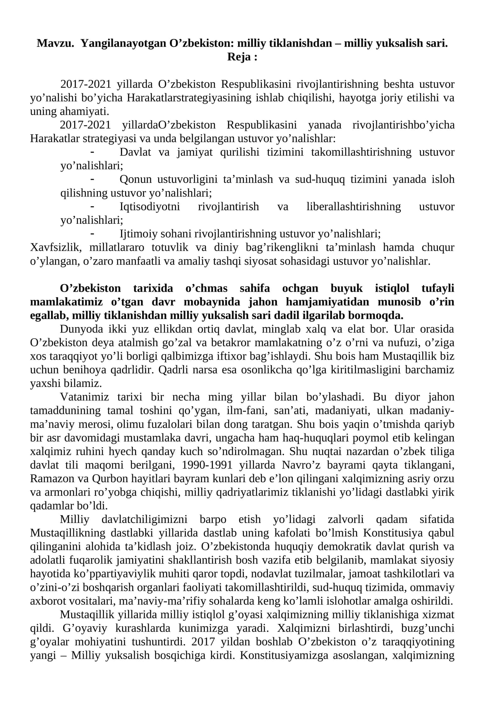 Yangilanayotgan O’zbekiston: milliy tiklanishdan – milliy yuksalish sari