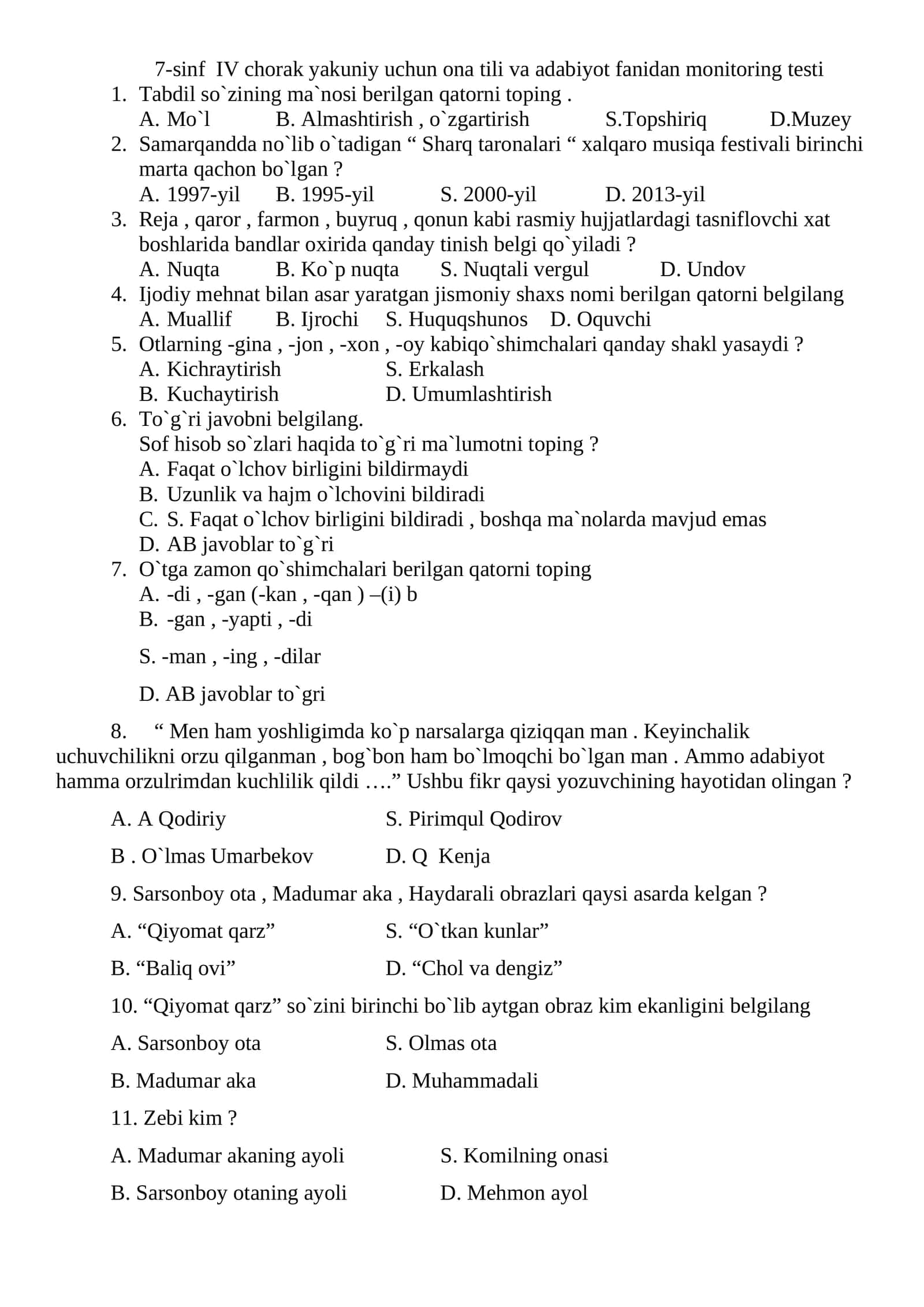 7-sinf IV chorak yakuniy uchun ona tili va adabiyot fanidan monitoring testi