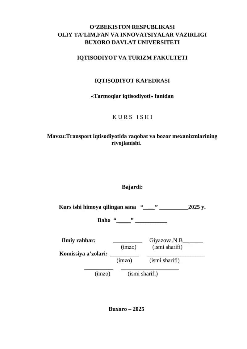 Transport iqtisodiyotida raqobat va bozor mexanizmlarining rivojlanishi
