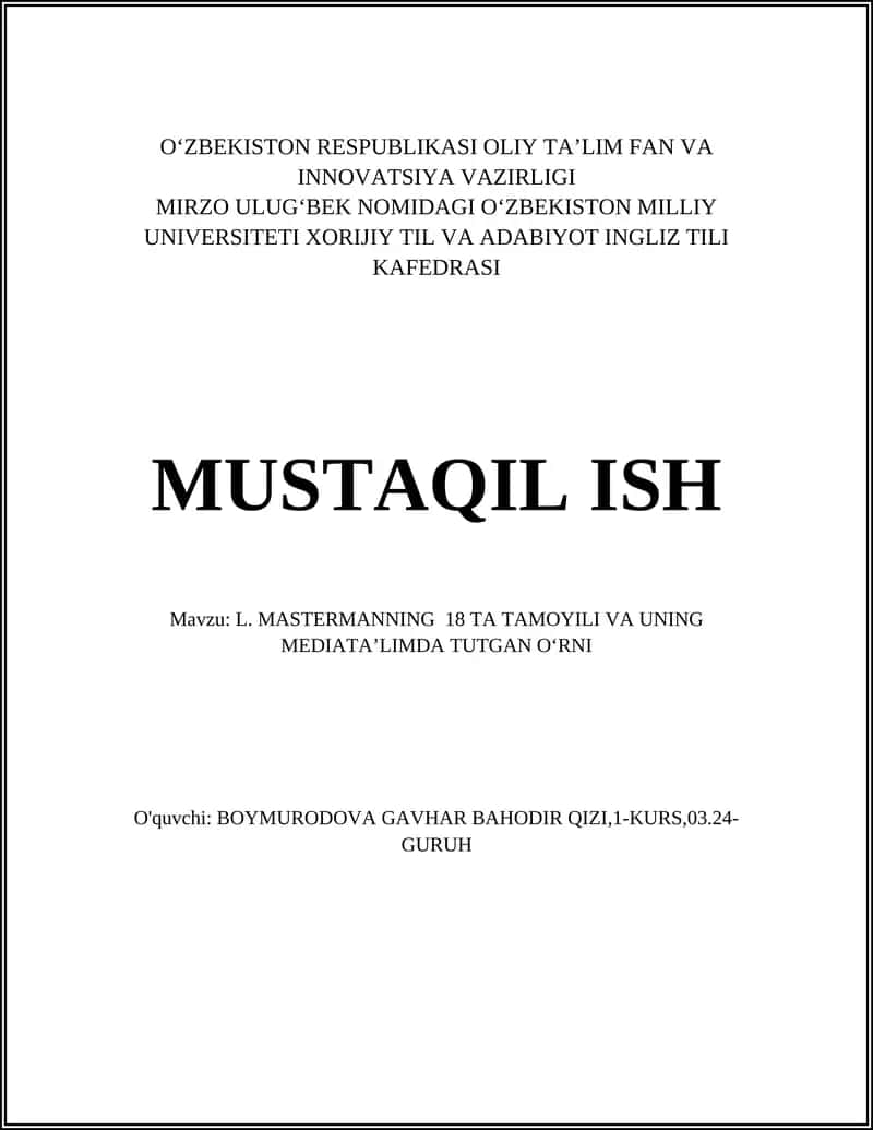 L. MASTERMANNING 18 TA TAMOYILI VA UNING MEDIATAʼLIMDA TUTGAN OʻRNI