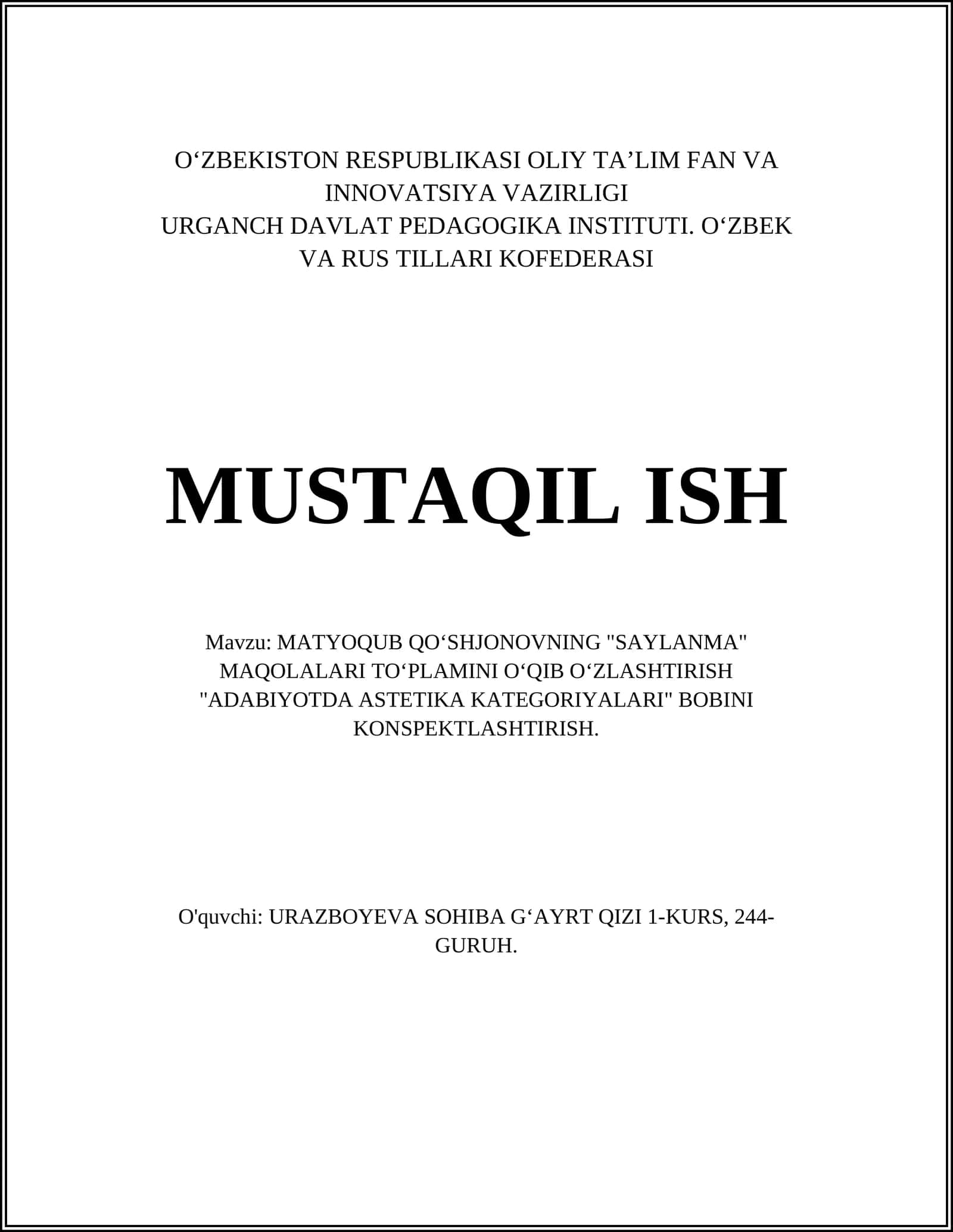 "MATYOQUB QOʻSHJONOVNING "SAYLANMA" MAQOLALARI TOʻPLAMINI OʻQIB OʻZLASHTIRISH"