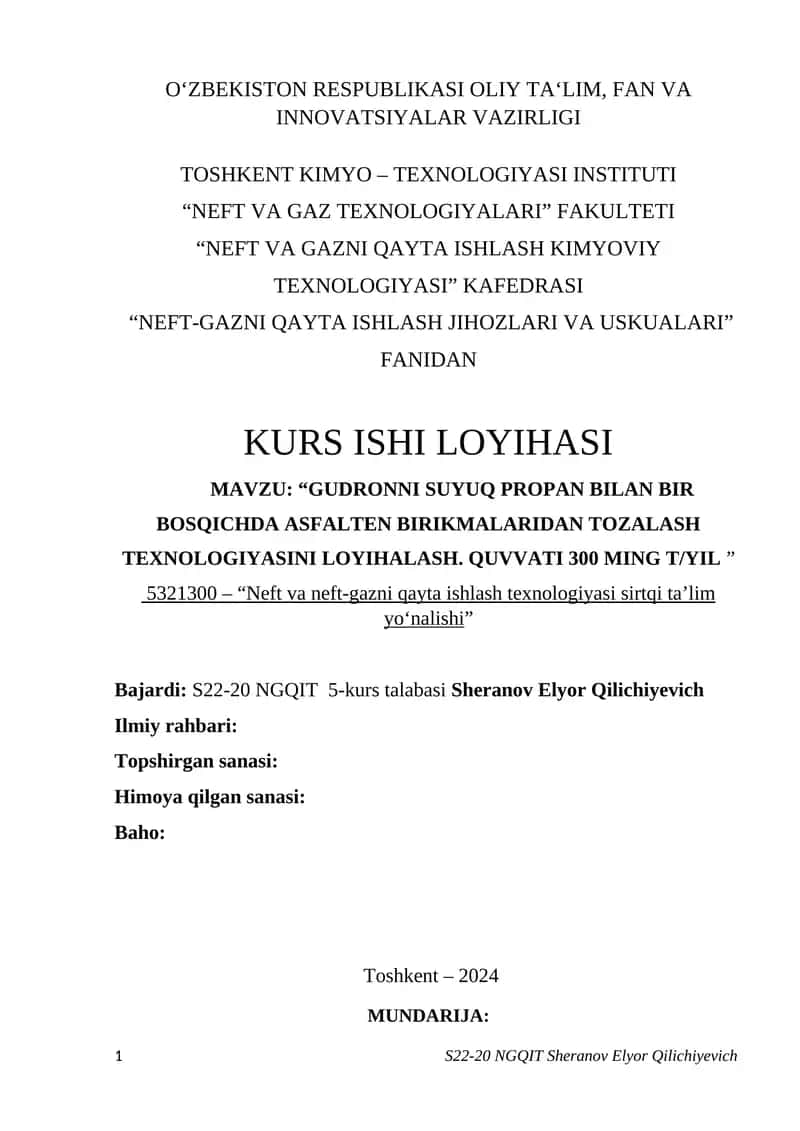 NEFT VA GAZNI QAYTA ISHLASH JIHOZLARI VA USKUALARI