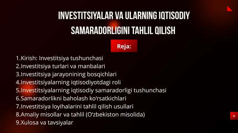 INVESTITSIYALAR VA ULARNING IQTISODIY SAMARADORLIGINI TAHLIL QILISH