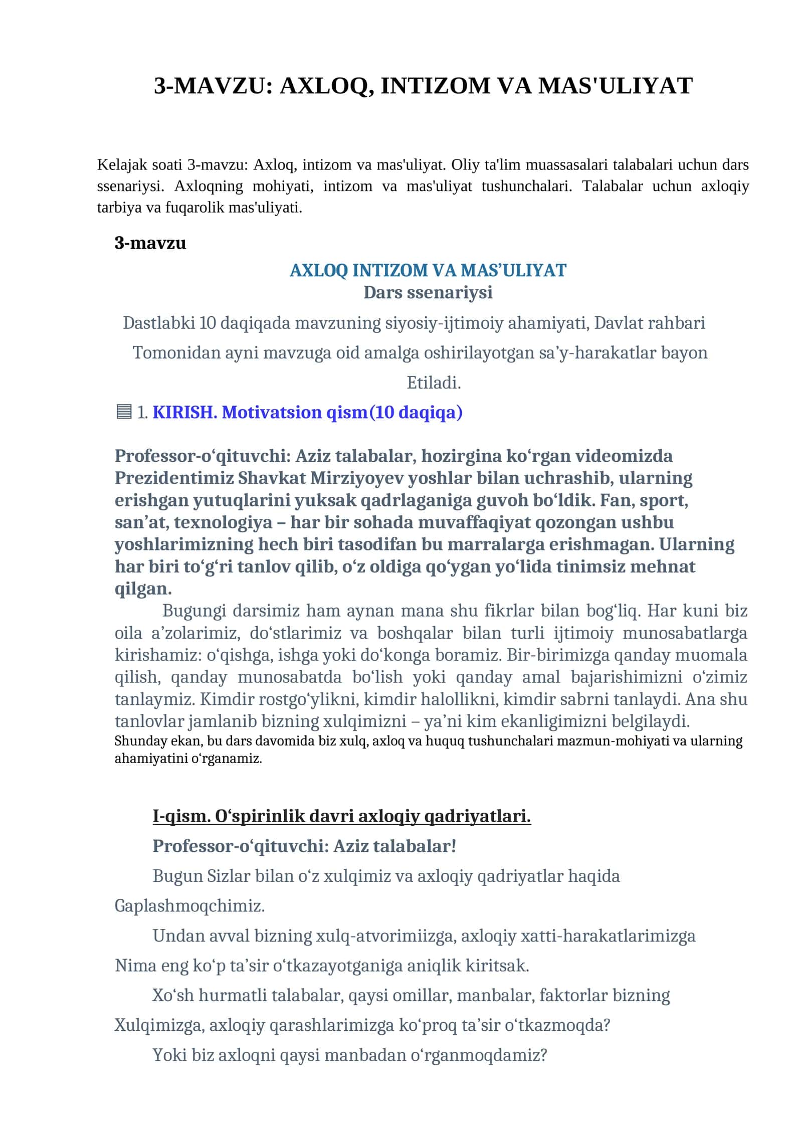 AXLOQ, INTIZOM VA MAS'ULIYAT