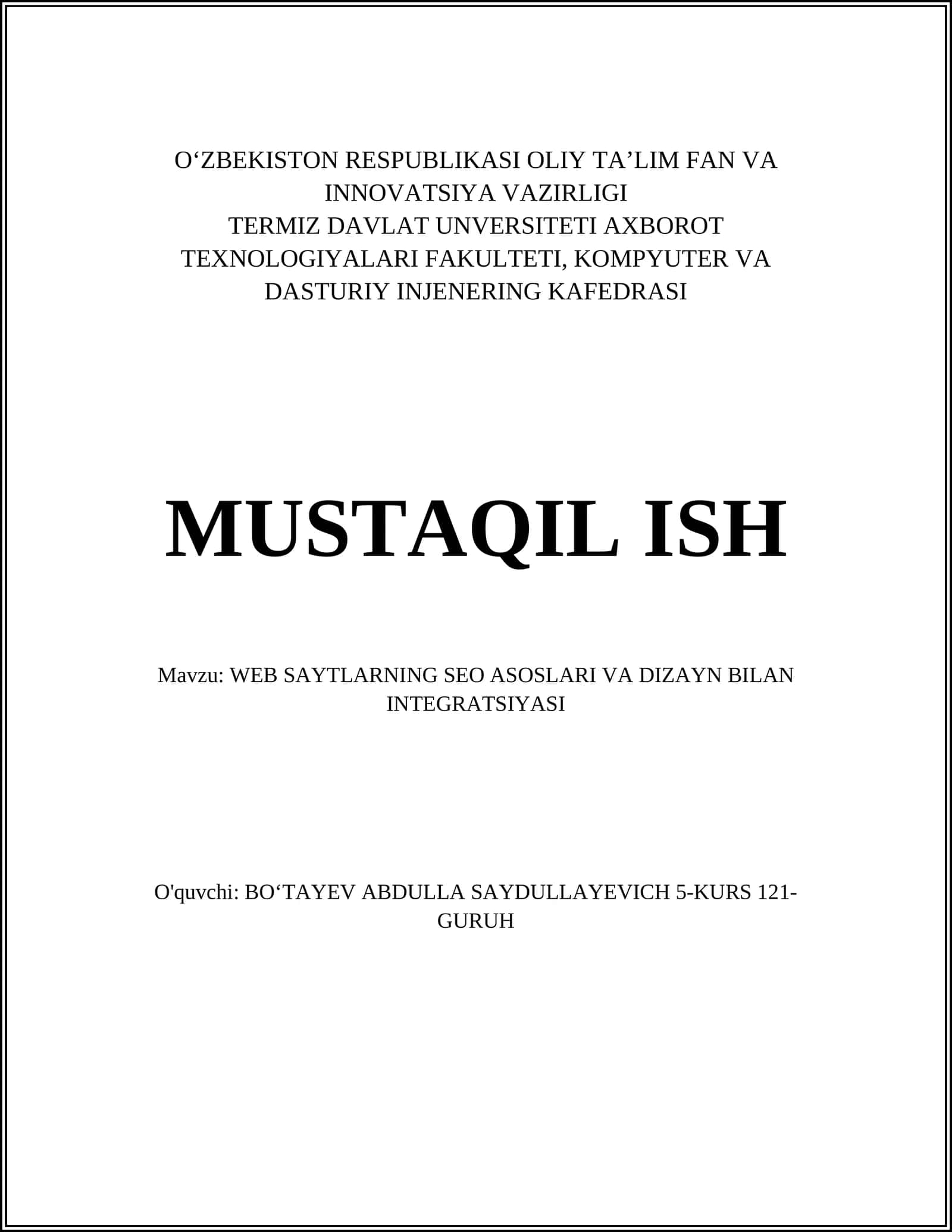 WEB SAYTLARNING SEO ASOSLARI VA DIZAYN BILAN INTEGRATSIYASI