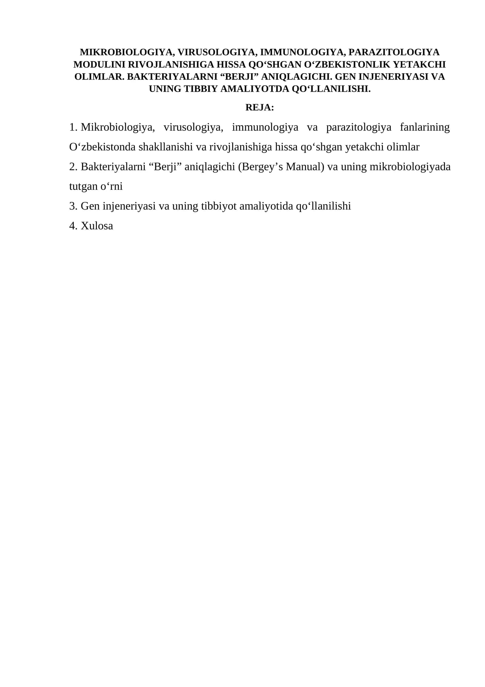 Mikrobiologiya, virusologiya, immunologiya, parazitologiya fanlari