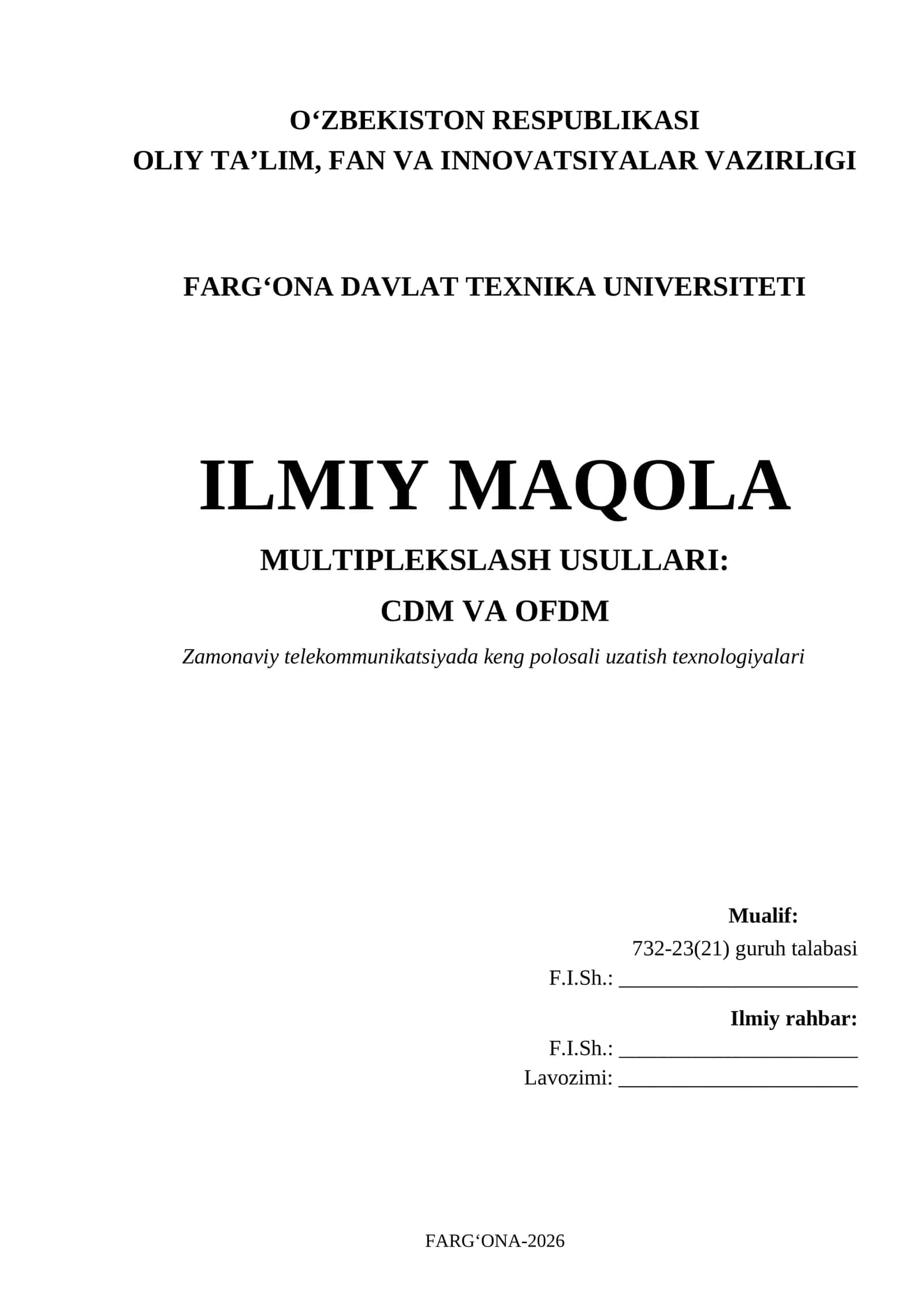 MULTIPLEKSLASH USULLARI: CDM VA OFDM