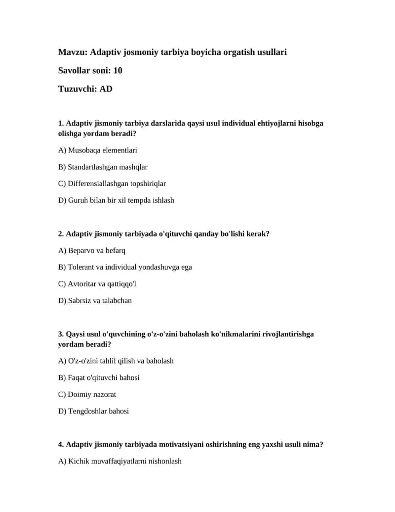 Adaptiv josmoniy tarbiya boyicha orgatish usullari