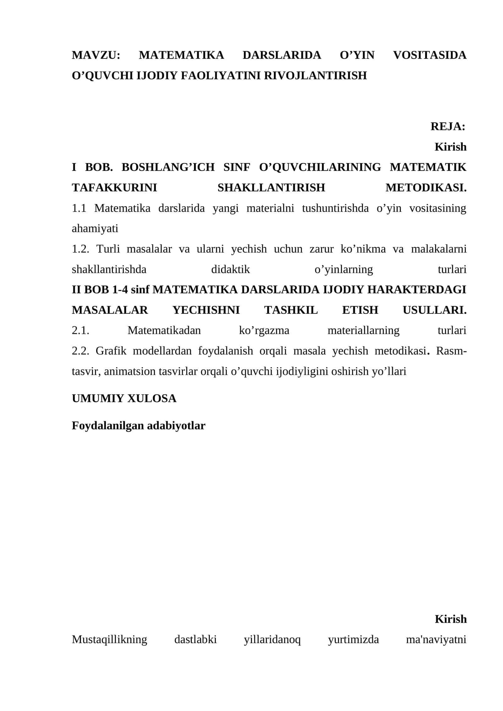 MATEMATIKA DARSLARIDA O’YIN VOSITASIDA O’QUVCHI IJODIY FAOLIYATINI RIVOJLANTIRISH