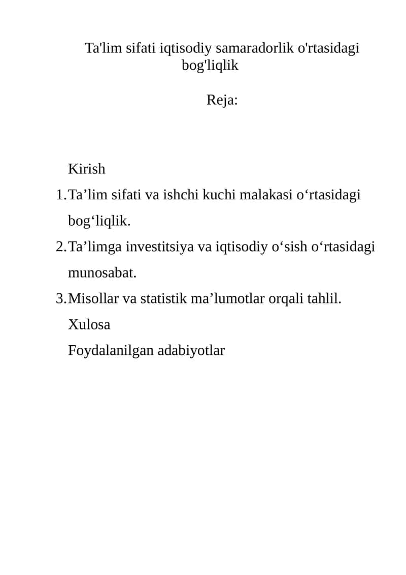 Ta'lim sifati iqtisodiy samaradorlik o'rtasidagi bog'liqlik