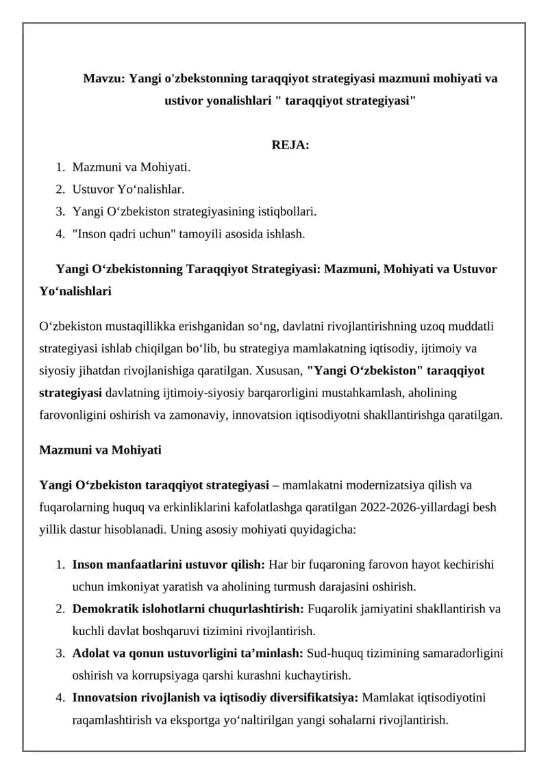 Yangi O'zbekistonning Taraqqiyot Strategiyasi