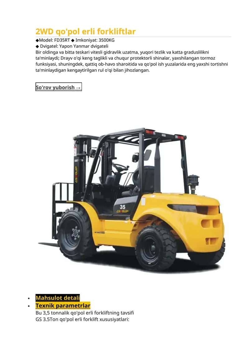 GS 3.5Ton qo'pol erli forklift