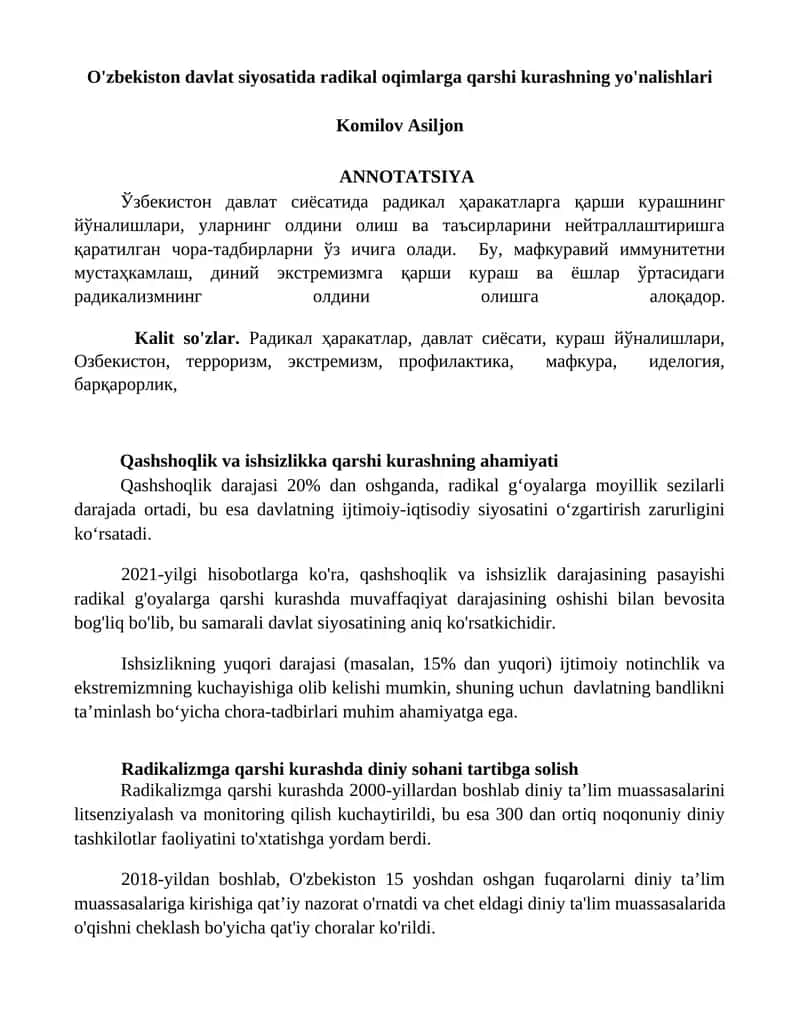 O'zbekiston davlat siyosatida radikal oqimlarga qarshi kurashning yo'nalishlari