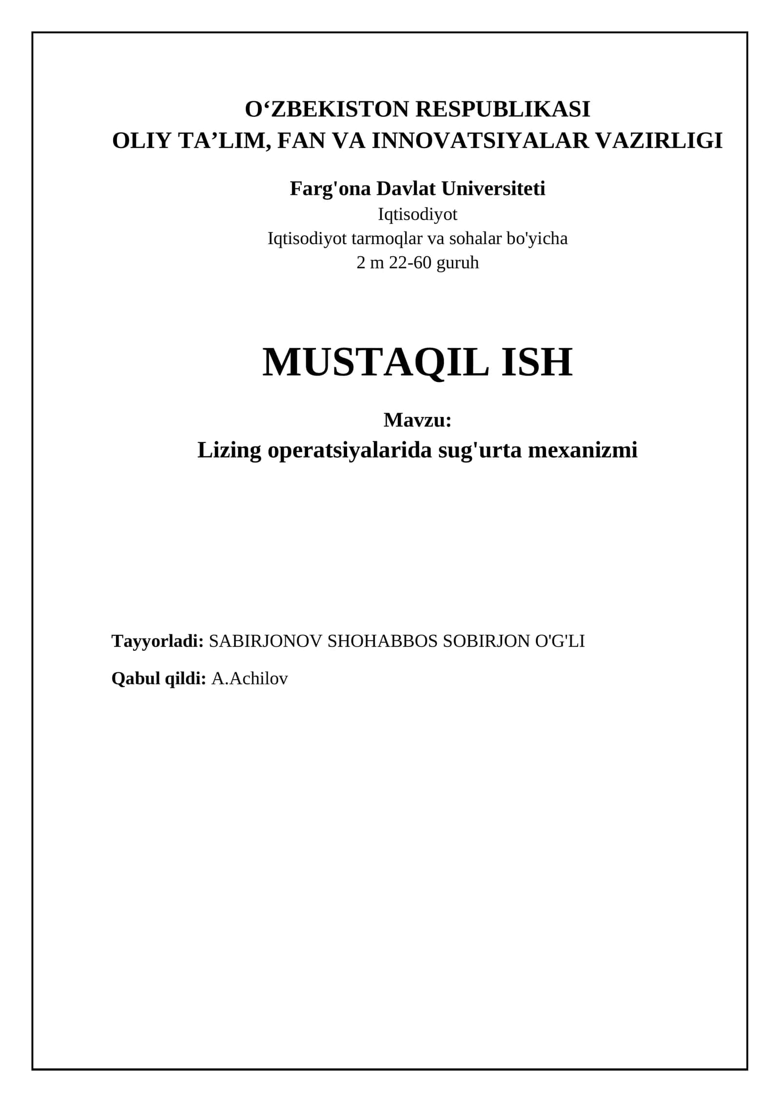 Lizing operatsiyalarida sug'urta mexanizmi