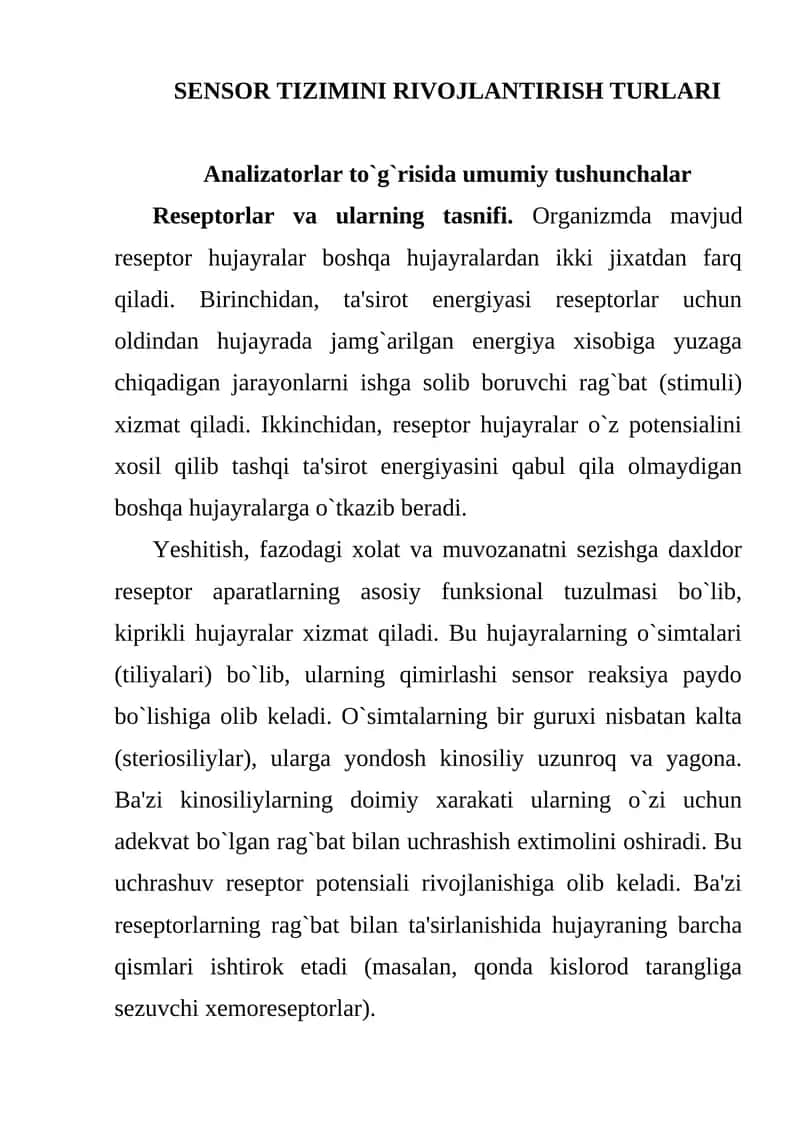 SENSOR TIZIMINI RIVOJLANTIRISH TURLARI