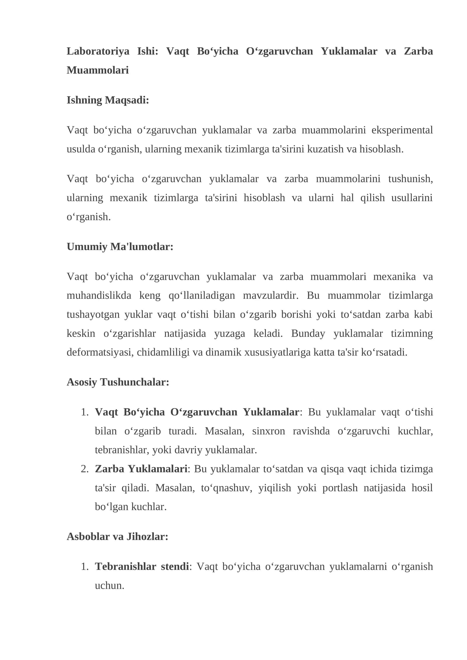Laboratoriya Ishi: Vaqt Bo‘yicha O‘zgaruvchan Yuklamalar va Zarba Muammolari