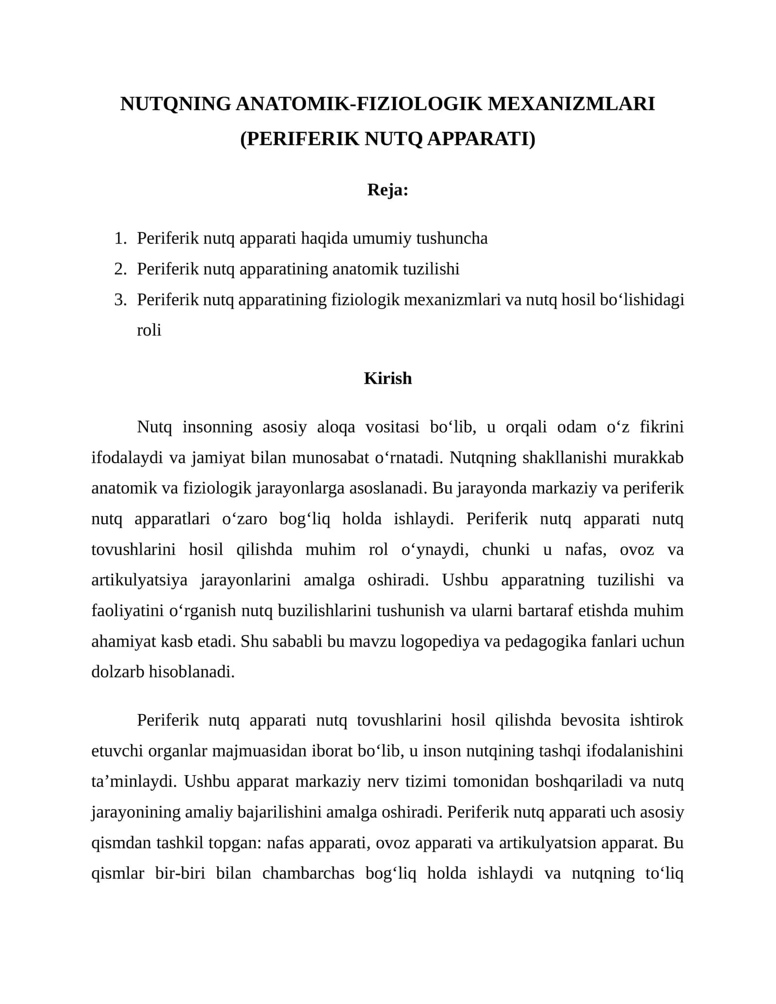 NUTQNING ANATOMIK-FIZIOLOGIK MEXANIZMLARI (PERIFERIK NUTQ APPARATI)