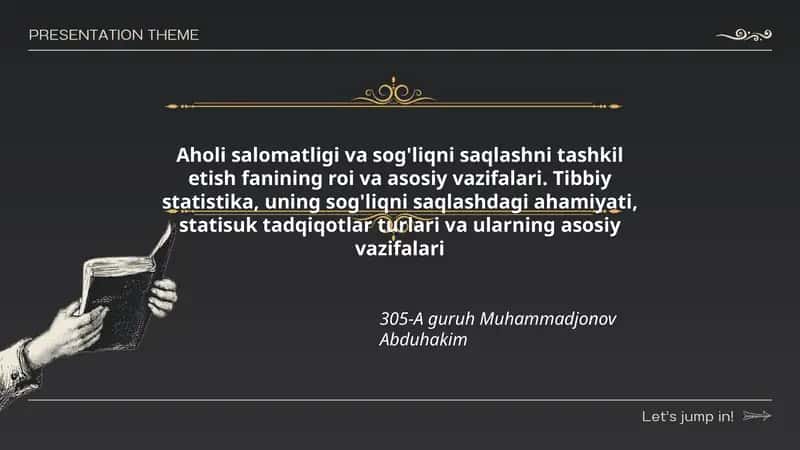 Aholi salomatligi va sog'liqni saqlashni tashkil etish fanining roi va asosiy vazifalari. Tibbiy statistika, uning sog'liqni saqlashdagi ahamiyati, statisuk tadqiqotlar turlari va ularning asosiy vazifalari