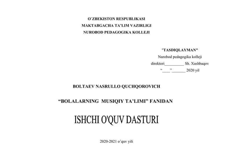 "Bolalarning Musiqli Talimi" fani dasturi